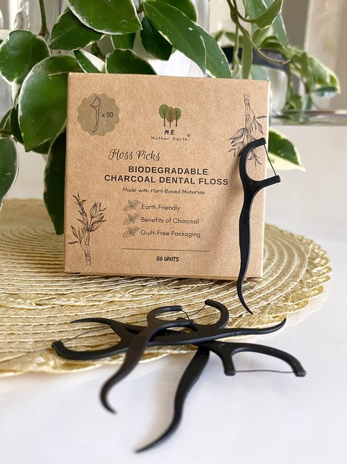 Me Mother Earth Vegan Biodegradable Dental Floss Picks (200 Count) - Natural | Sustainable | Eco-Friendly | Charcoal Dental Flossers for a Zero Waste Oral Care (3 Inch)