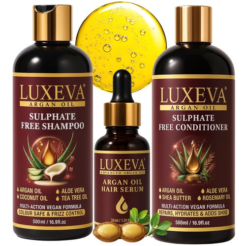 LUXEVA Professional Damage Repair System - 3 in 1 Argan Oil Sulfate Free Shampoo, Conditioner & Repair Serum Set - 72-Hour Hair Transformation for Severely Damaged, Color-Treated & Processed Hair