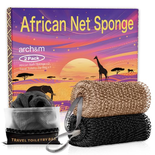 Authentic African Net Sponge Knots - Real African Bath Loofah Shower Sponges Afro Scrubber Body Exfoliating Washcloth Africa Bath Sponges for Back Scrub Shower Accessories Black + Champagne by ARCH&M