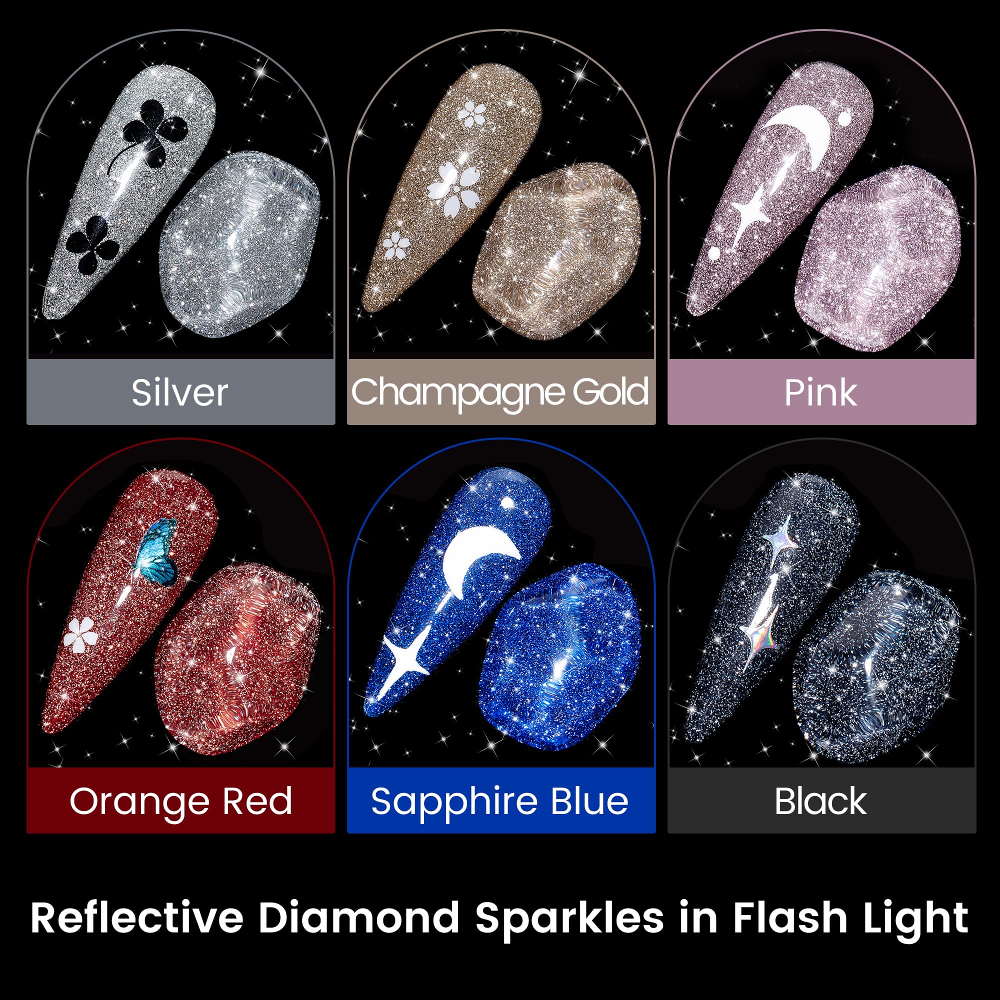 YTD Likomey Reflective Glitter Gel Nail Polish with Base Coat and Top Coat Set,Fall Winter Falsh 6 Colors Shimmer Black Silver Pink Blue Red Gold Diamond Sparkle UV Color Varnish Kit,8 Pcs 7.5 ml