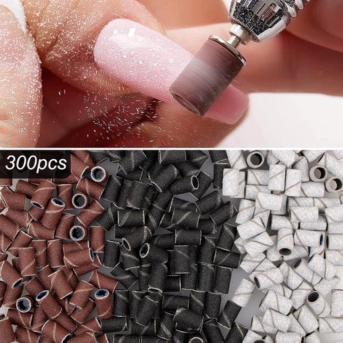 BELICOO Sanding Bands for Nail Drill 300Pcs, w/ 7Pcs Nail Drill Bits, 150#180#240#Grit Nail Sanding Bands for Manicures Pedicures, Electric Nail File Bits