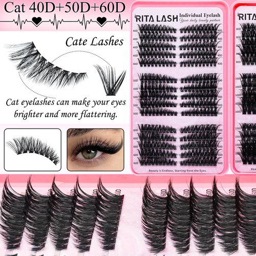 Lash Clusters Kit Bulk 3D Effect Eyelash Clusters Kit Cat Eye Lashes Cluster Eyelash Extensions Pack Colored Lashes Cluster Pestañas Postizas Naturales+Bond&Seal,Remover,Tweezers,Cleanser(Lash Kit-7)