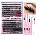 FANXITON DIY Individual Eyelash Extension Kit, Thick Volume Lash Clusters 40D+50D D Curvature, 280 Pieces Thin Band Cluster Lashes with Bond and Seal Tweezers
