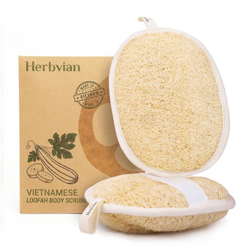 Herbvian Vietnamese Natural Loofah Exfoliating Body Scrubber Pads, 100% Plant-Based Shower Luffa Sponge, Bath Loofah for Women Men (2, Pack of 2)