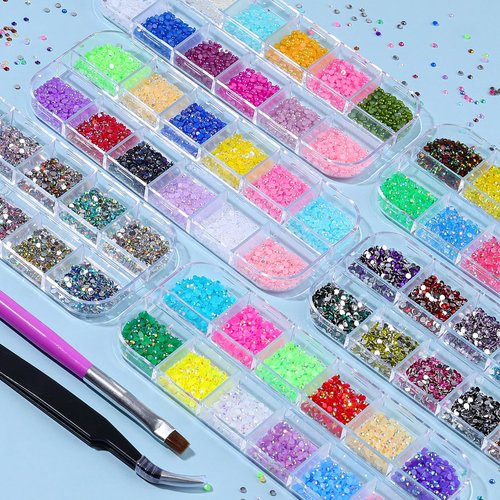 18000pcs Nail Rhinestones and Pearls for Nail Art, 2mm Resin AB Transparent Jelly Rhinestones Crystal Nail Gems Multicolor Flatback Pearls with Tweezers & Pickup Tools for Women Nails Design Craft DIY