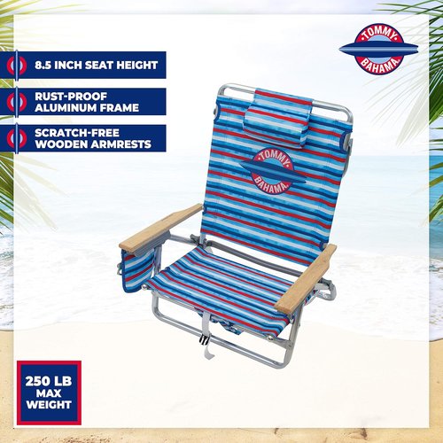Tommy Bahama Folding Beach Chair - 5-Position Lay Flat Design, Aluminum Frame, Red, White & Blue Stripe