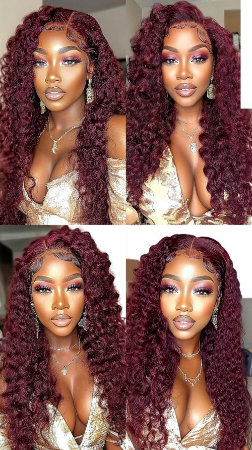 Niciitysi Color 99j Human Hair Wine Red Deep Wave Bundles 10 12 14 inch Double Weft Brazilian Hair Extensions Soft and Silky Burgundy Deep Curly Weave Bundles for Women