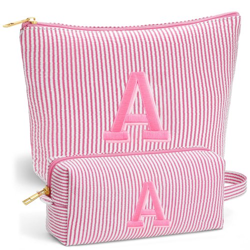 Fohufo Easter Basket Stuffers for Teens Girls - Initial Travel Makeup Bag for Girls, Teen Girl Gifts Trendy Basket Stuff, Easter Gifts for Teens Girls Women, Pink Make up Bag -Letter A