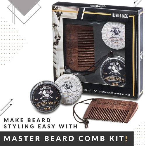 Hunter Jack Beard Kit for Men - Sandalwood Beard Comb, Beard Soap, and Beard Balm - Fine Tooth Mustache Comb - Mens Beard Kit for Care and Grooming in Premium Gift Box