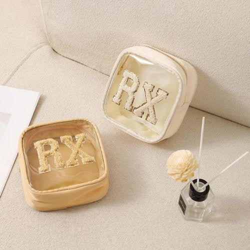 RSRSLEII Small Chenille Letter Clear Medicine Makeup Bags,Nylon PVC Waterproof Rx Pouch with Metal Zipper, Cute Drug First Aid Travel Organizer for Women Girls(06Beige)