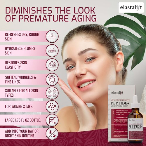 Elastalift Peptide Facial Serum Moisturizer Skin Care Oil For Face, Wrinkles, Fine Lines, & Puffiness. Moisturizing 6X Peptide Concentrate Serum W/Collagen Plumps, Lifts, Evens Skin Tone, 1.75 Fl Oz