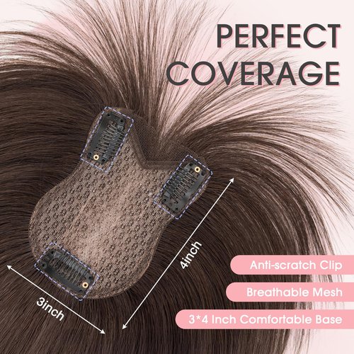 TESS Hair Topper Real Human Hair Toppers for Women with Thinning 11 Inch 360° Cover Clip in with Bangs Upgrade Lace Base Daily Wear, Dark Brown