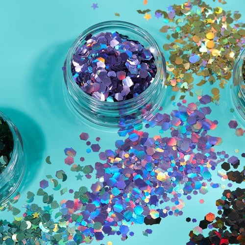 Holographic Glitter Shapes by Moon Glitter – 100% Cosmetic Glitter for Face, Body, Nails, Hair and Lips - 0.10oz - Set of 8 colours