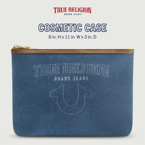 True Religion Women's Makeup Bag, Small Travel Cosmetic Zipper Pouch Organizer, Gold Hardware, Denim