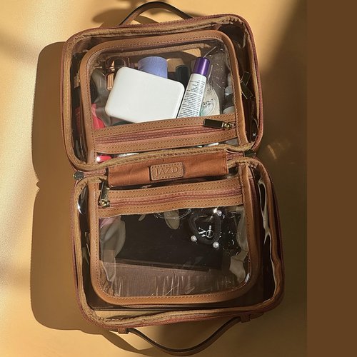 JAZD Clear Makeup Bag Toiletry Bag for Women Cosmetic Case Large Capacity Travel Make Up Bag Organizer Transparent Storage Compartment TSA Approved (BROWN)