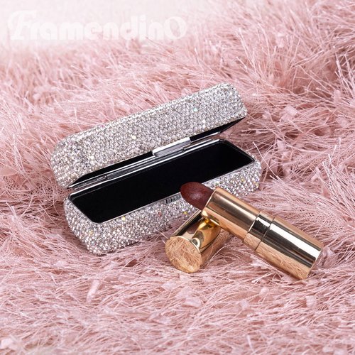 Framendino, Rhinestone Lipstick Case with Mirror Bling Crystal Lip Pomade Holder for Women (Silver)