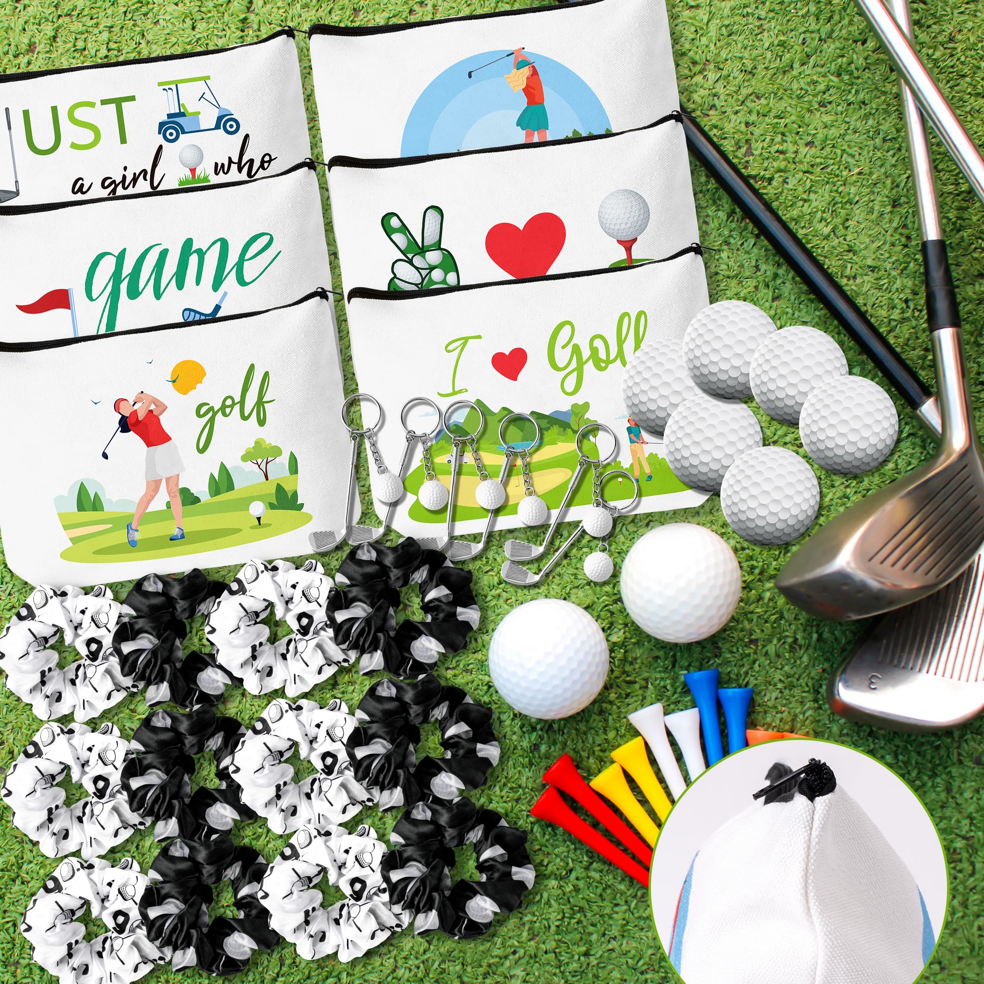 Y1tvei Golf Party Favors Gifts - 30Pcs Golf Cosmetic Bag Hair Scrunchies Round Mirror Alloy Keychain, Sports Game Makeup Bag Accessories for Women Girls Sports Lovers Players Club Party Decor Supplies