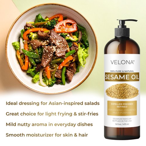 Sesame Seed Oil by Velona - 64 Fl Oz | 100% Pure and Natural Carrier Oil | Refined, Expeller Pressed | Cooking, Skin, Hair, Body & Face Moisturizing | Use Today - Enjoy Results