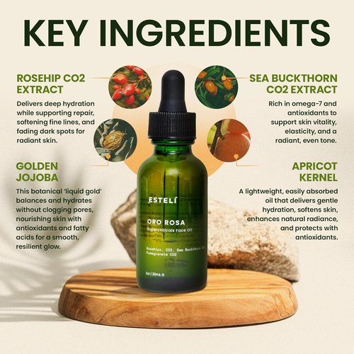 ESTELÍ – Oro Rosa Supercriticals Face Oil – Antioxidant-Rich Hydrating Essence with Rosehip & Sea Buckthorn – Vegan & Fast-Absorbing Formula