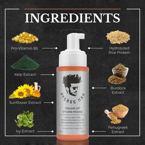 Avenue Man Volume Lift Mousse - 5.07 oz Hair Foam with Argan Oil & Silk Protein for Thickness | Alcohol & Paraben Free