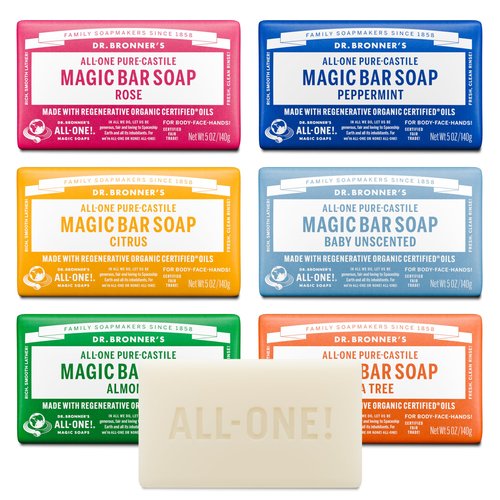 Dr. Bronner's Pure-Castile Magic Bar Soaps (5 Ounce Variety Gift Pack) Almond, Unscented, Lavender, Peppermint, Citrus, Rose - Made with Regenerative Organic Certified Oils, Vegan, Non-GMO