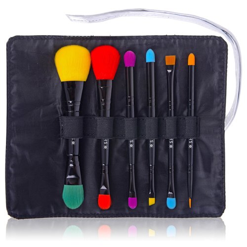 SHANY Vegan Makeup Brushes - LUNA - 6 PC Double Sided Travel Make up Brushes with 12 unique Bristles sides - Brush storage Pouch - Synthetic Cosmetics Brush