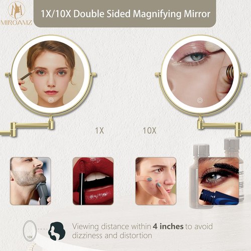 MIROAMZ Rechargeable Wall Mounted Lighted Makeup Vanity Mirror 9 Inch Double Sided 1X 10X Magnifying Bathroom Mirror, 3 Color Lighting, Touch Screen Dimming, 360 Rotation Shaving Mirror Gold