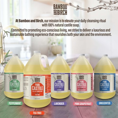 BAMBOO AND BIRCH Pure Castile Soap Liquid, Certified Palm Oil Free Natural Soap, Unscented, 64 oz
