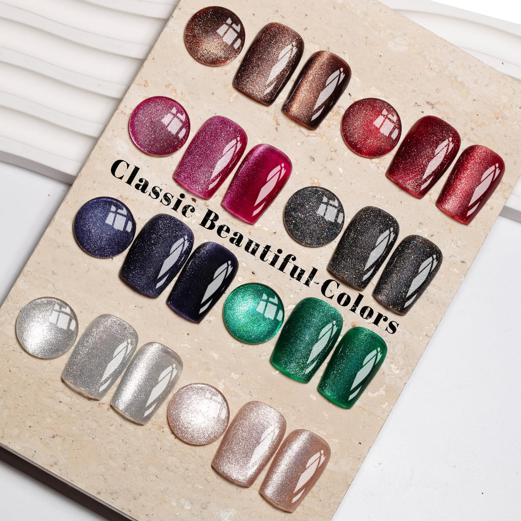 YTD Likomey Cat Eye Gel Nail Polish Set,Fall Winter 8 Colors Crystal Magnetic Glitter with Magnet Stick Kit,Silver Green Blue Black Champagne Gold Brown Plum UV Color Varnish,0.25 Fl Oz 7.5 ml
