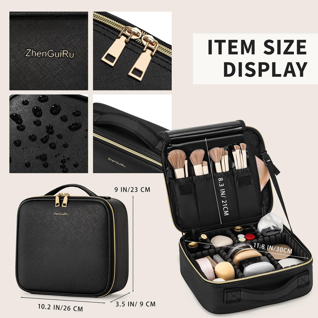 ZhenGuiRu Travel Makeup Bag, Makeup Train Case, Portable Makeup Artist Organizer with Adjustable Dividers, Cosmetic Brush Holder Storeage