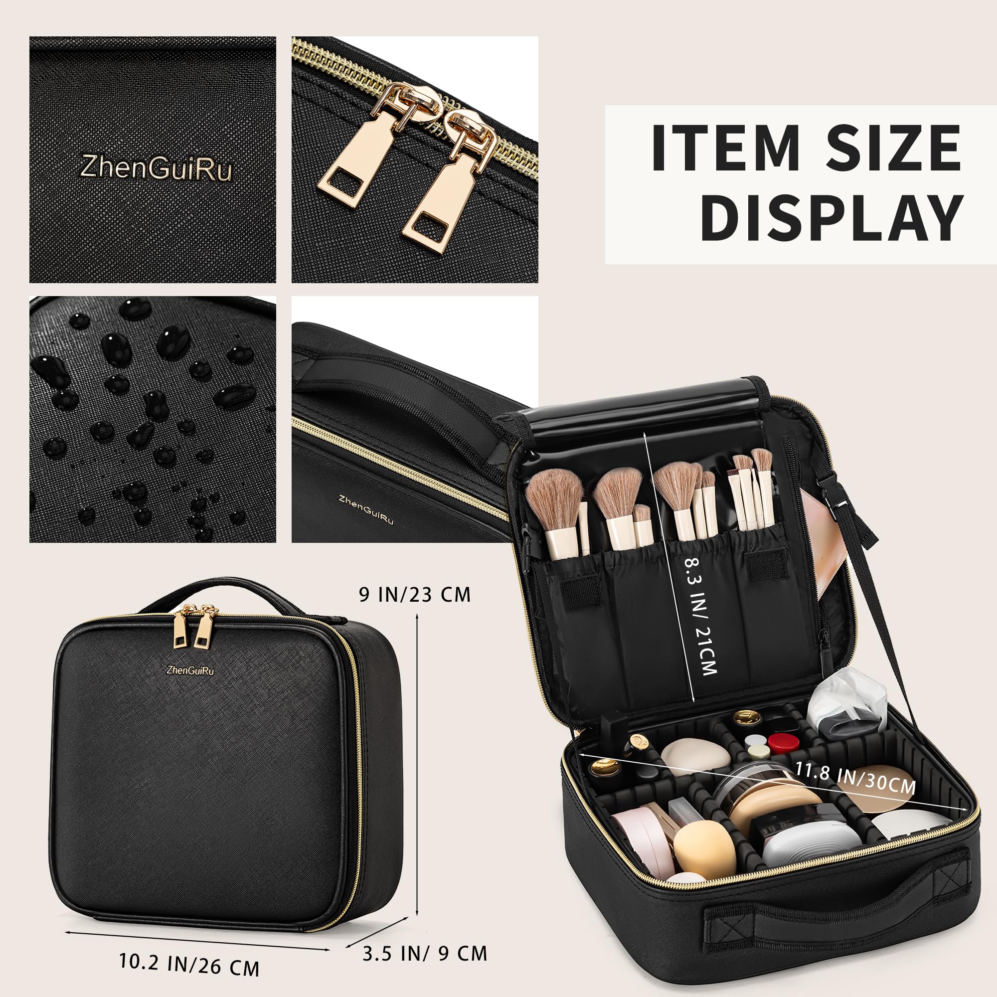 ZhenGuiRu Travel Makeup Bag, Makeup Train Case, Portable Makeup Artist Organizer with Adjustable Dividers, Cosmetic Brush Holder Storeage