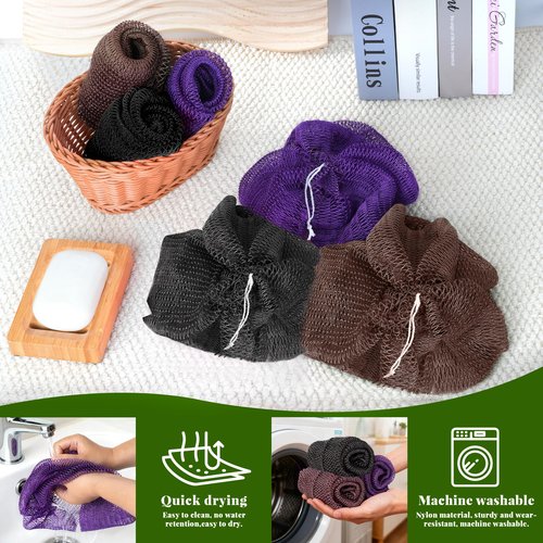 African Net Sponge Authentic, 3 Pieces Exfoliating Scrubber Bath Sponge for All Skin Types, Back Scrubber Loofah Washcloth for Shower, Gentle Exfoliation (Brown,Purple,Black)