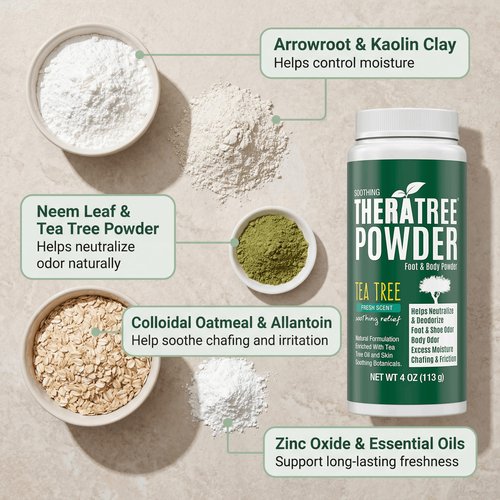TheraTree Foot, Body and Shoe Powder with Tea Tree for Odor and Moisture Control with Organic and Natural Ingredients - Fresh Scent 4 oz