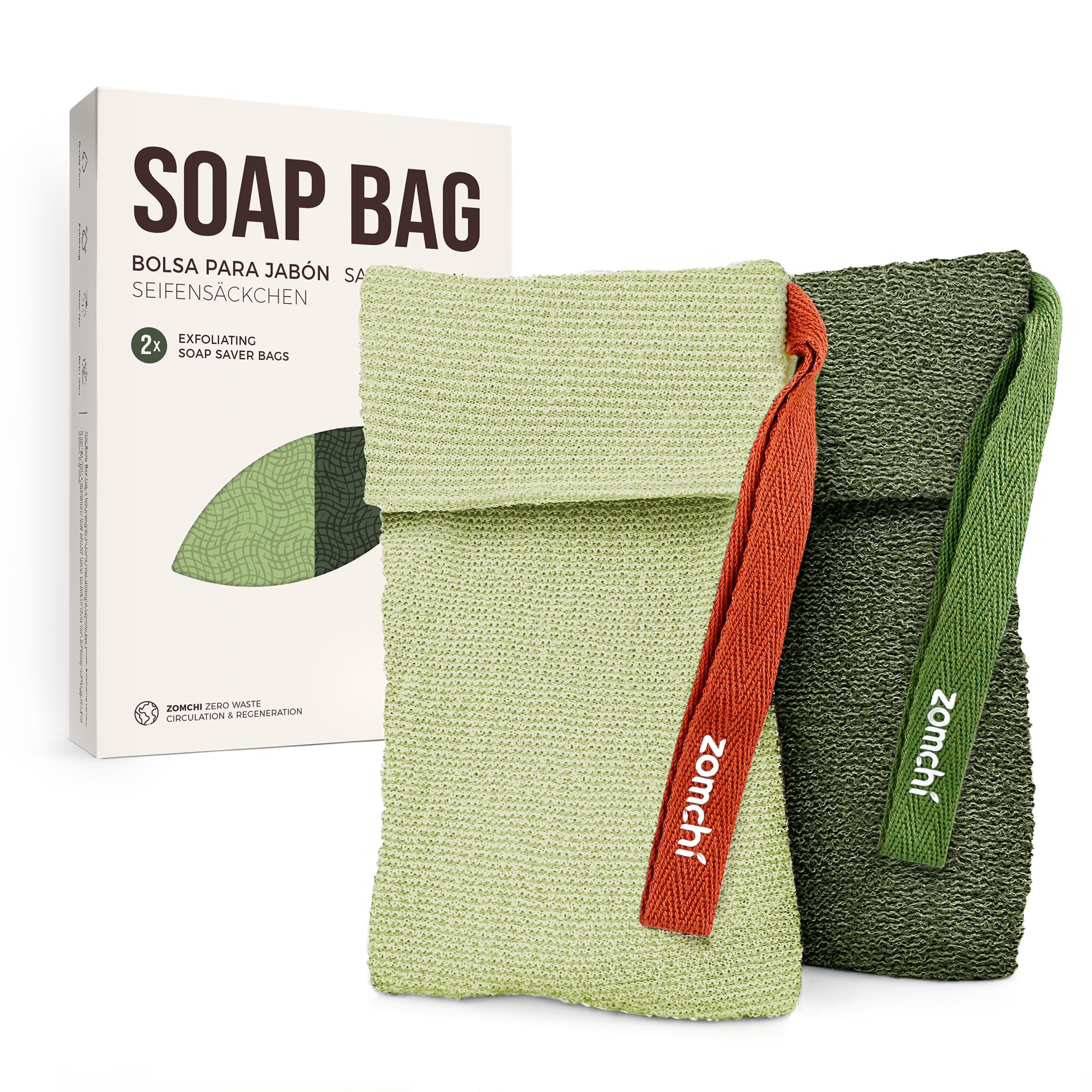ZOMCHI Exfoliating Bar Soap Pouch, 2 Pack Soap Bags with Coarse & Gentle Mesh for Effective Exfoliation, Soap Saver Bags for Rich Lathering and Deep Cleansing (Olive Green)