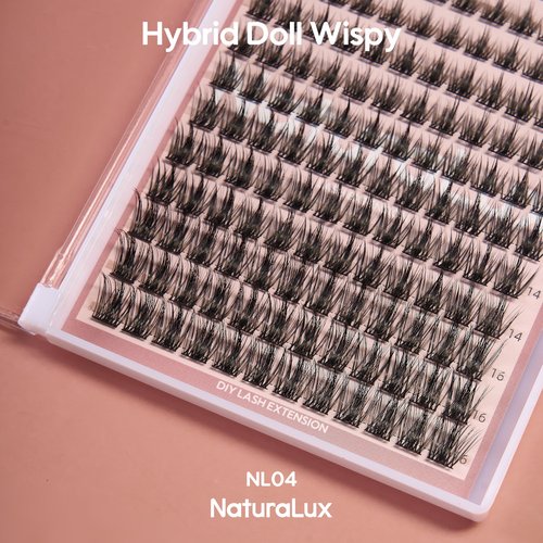 NATURALUX Hybrid Doll Wispy Mixed Lash NL04; 10mm, 12mm, 14mm, 16mm; 144 Total Count; False Eyelash Clusters, Individual Lashes, Lash Extensions, Lash Clusters, D Curl