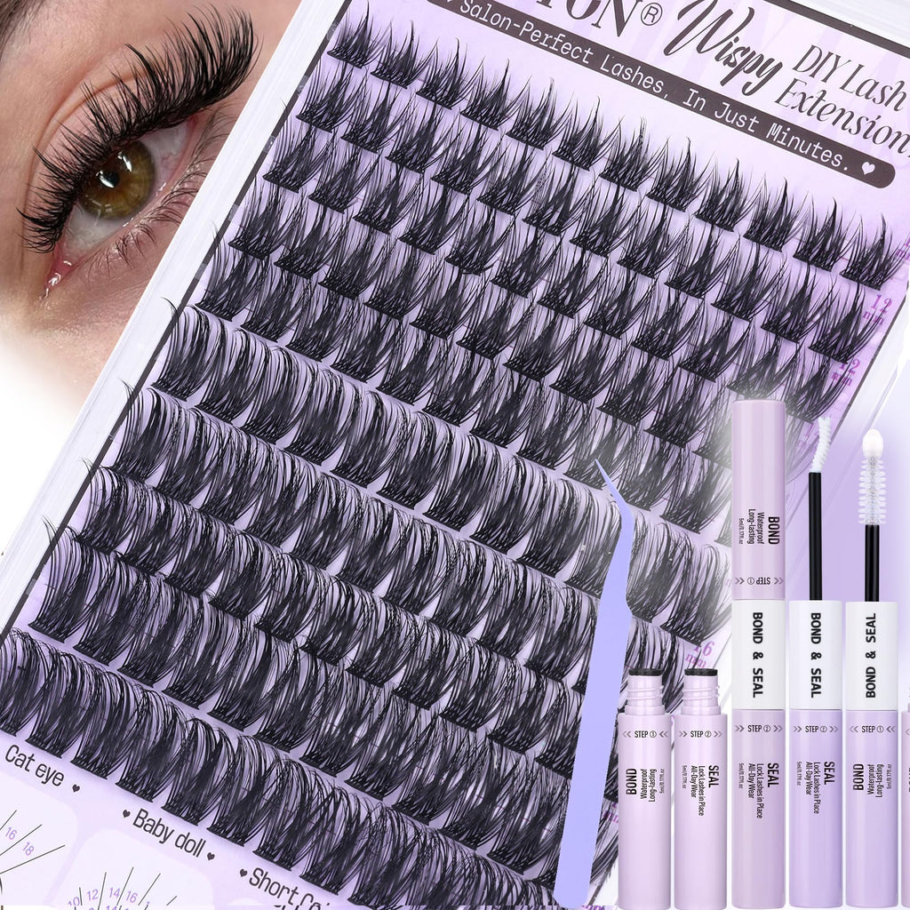 Wispy Lash Clusters Kit Natural Look Lash Clusters DIY Lash Extension Kit 10-18mm Cluster Eyelash Extensions Kit Lash Bond and Seal Lash Tweezers Individual Lashes Cluster Kit DIY Lash at Home
