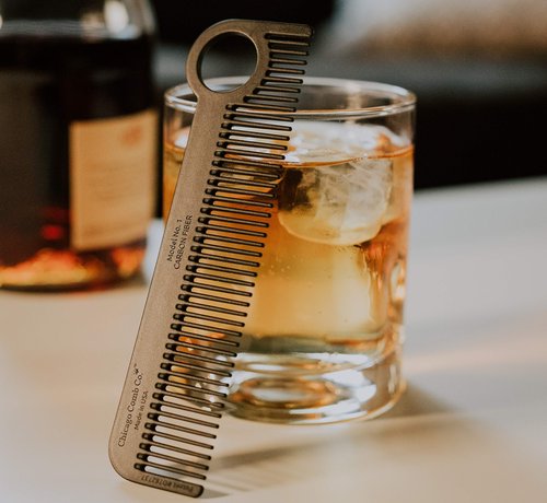 Chicago Comb Model 1 Carbon Fiber Comb + English Tan Horween leather sheath, Made in USA, ultimate pocket and travel comb, smooth strong & light, anti-static, premium American leather sheath