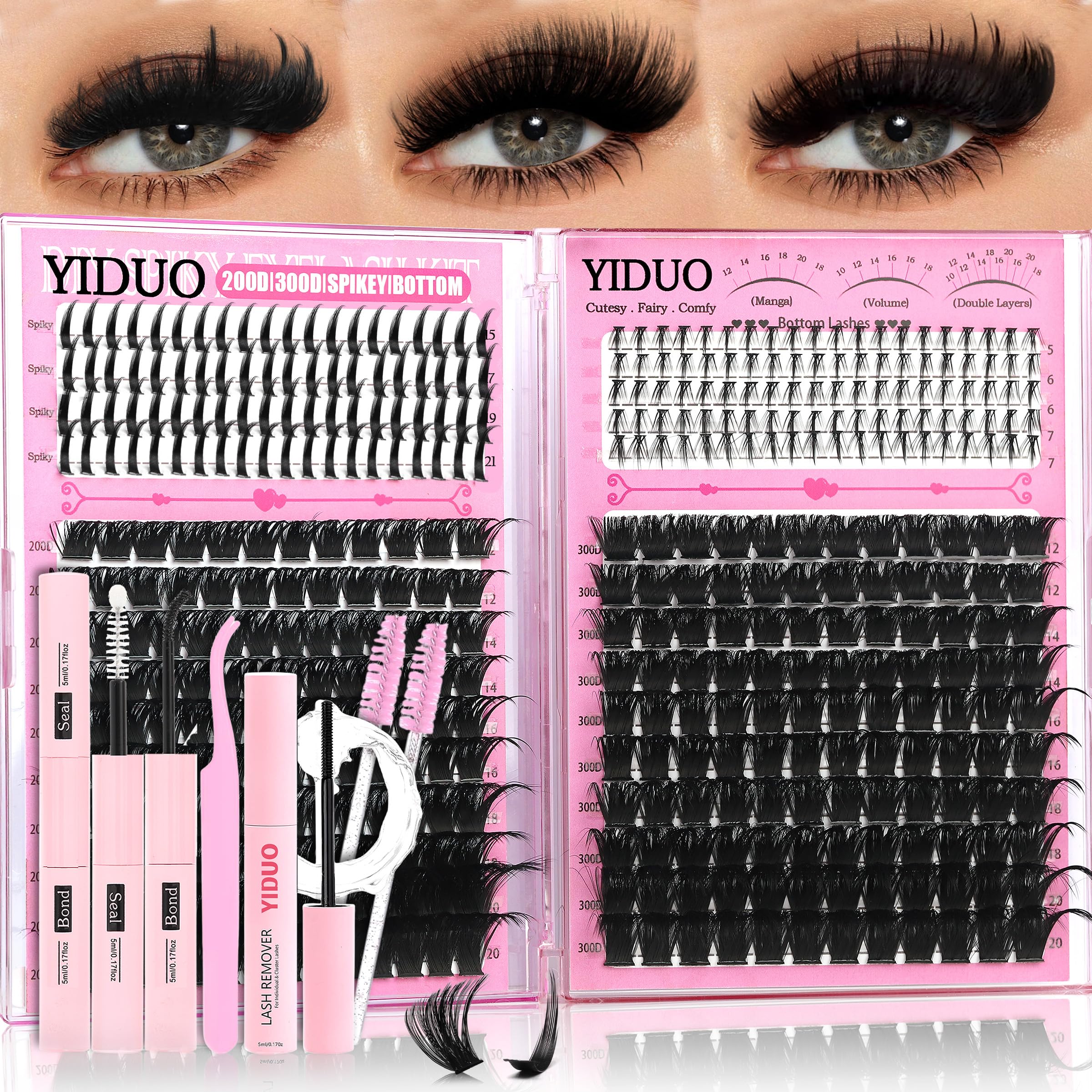 YIDUO Lash Clusters Kit 200D+300D+Spikes+Bottom Cluster Lashes Extensions Kit with Lash Bond and Seal |Tweezers |Removers |Eyebrow Brush (200D+300D-10-18MIX Thick Kit)