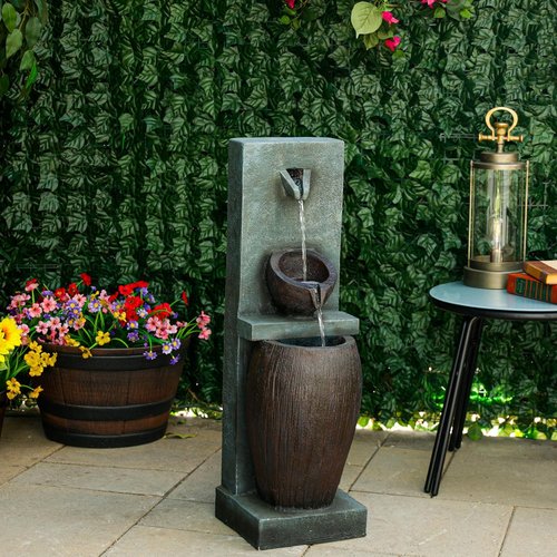 Alpine Corporation 32" 3-Tier Jar Fountain - Elegant Outdoor Water Feature with LED Lights | Gray Ceramic Garden Décor