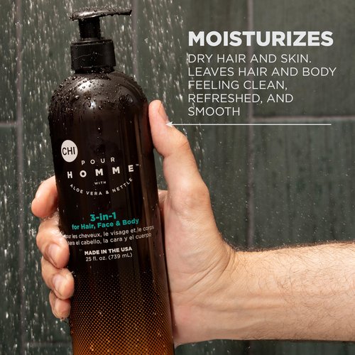 CHI Pour Homme 3-in-1 Hair, Face & Body Wash for Men, Sulfate-Free Cleansing & Moisturizing Shampoo, Fresh Woody Scent, Aloe Vera & Nettle-Infused Grooming Cleanser, 25 oz