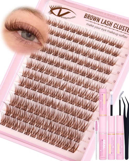 Natural Brown Lash Clusters Kit Wispy Eyelashes Clusters Kit C Curl Cluster Eyelash Extensions 10-16mm Cluster Lashes DIY Eyelash Clusters Waterproof Individual Lashes Extension Kit with Brush