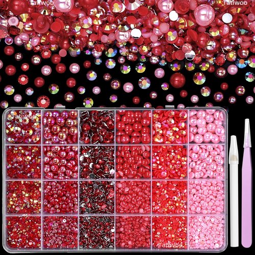 9000 Pcs Red Flatback Pearls and Rhinestones for Crafts, 3/4/5/6mm Jelly Resin Rhinestones, Mixed Size 3/4/6/8mm Half Pearl Bedazzling Gems for Nail DIY Crafts Mugs Bottles Tumblers Clothes Makeup