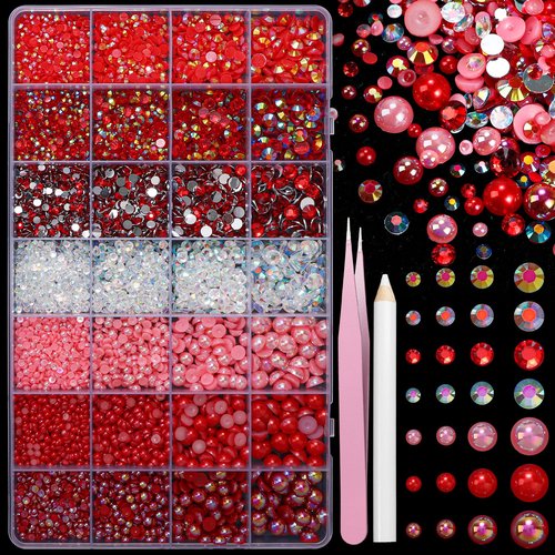 22000 Pcs Red Flatback Pearls and Rhinestones Bedazzling Kit, Resin Rhinestones Gems for Crafting, Mixed Size Half Pearls Gems for Nails Face Eyes Makeup Bottles Shoes DIY Crafts