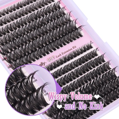 Newcally Lash Clusters Kit Wispy DIY Lash Extension Kit Volume Cluster Eyelashes Extension Natural Look D-curly Individual Lashes Kit 9-16MM Faux Mink Cluster Lashes(50D+60D, 0.07D)