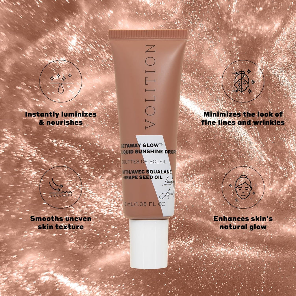 Volition Beauty Getaway Glow Liquid Sunshine Drops - Instant Bronze & Shimmer | Vegan Squalane & Grape Seed Oil | Hydrates & Smooths All Skin Tones