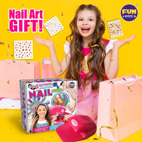 Kid Nail Art Kit for Girls, FunKidz Nail Studio Kits Size 17.91Wx12.4L with Peelable Nail Polish Nail Dryer Teens Makeup Mani Pedi Set Spa Party Gift