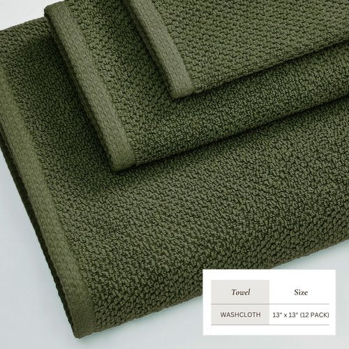 Great Bay Home 100% Cotton 12-Pack 13x13 Wash Cloth - Absorbent, Quick-Drying, Durable Face Towels for Bathroom Decor - Low-Twist, Two-Ply Fibers (Forest Green)