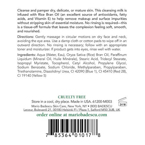 Mario Badescu Cleansing Milk - Gentle No Rinse Makeup Remover with Carnation & Vitamin E, 8 oz