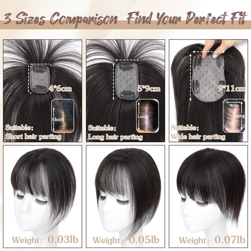 DinkyTims Hair Toppers for Women Real Human Hair - 360° Coverage Deep Brown Black Clip In Topper with Bangs for Thinning Hair Upgraded 5×9 cm Silk Base Ideal for Everyday Use