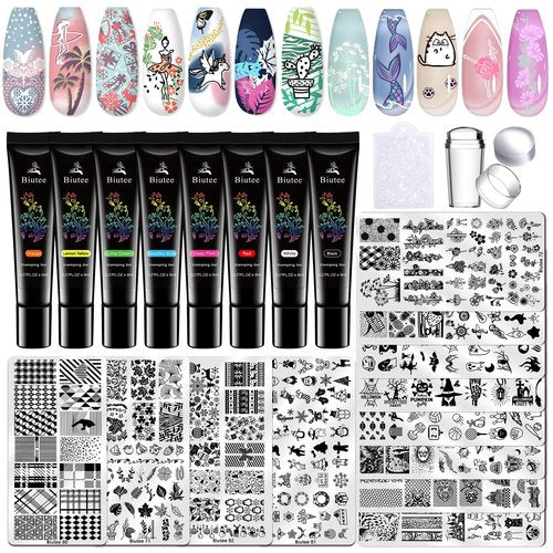 Biutee Nail Stamper Kit 22Pcs Gel Nail Stamping Kit 12Pcs Nail Stamping Plates 8Pcs Gel Stamping Polish, Silicone Stamper Scraper Flower Lace Star Stripe Holiday Stamp Template Gift for Women